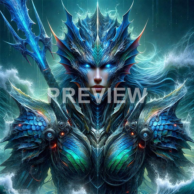 The image depicts a highly detailed, fantasy-style character with a fierce and majestic appearance. The character appears to be a warrior or mythical being, adorned with intricate, luminous armor that resembles scales and sharp, crystalline structures. Their face is framed by a helmet or natural headpiece that mimics ice or crystal formations, with glowing blue eyes that convey power and mysticism. The background features swirling, stormy elements that add to the epic and otherworldly atmosphere.